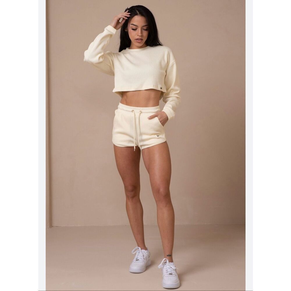 Youngla Women’s S Ribbed Long Sleeve Crop Top/Short Set Loungewear Cream Gym